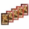 Fünf Packungen der Henna Haarfarbe von Bazarlovers.com mit einem Bild einer Frau auf orangem Hintergrund, verfügbar in verschiedenen natürlichen Nuancen. bazarlovers.com