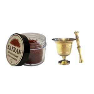 Safran Geschenkset – 5 g Aromadose mit Messingmörser – bazarlovers“ „Premium Safran in Aromadose + Mörser mit Stößel – bazarlovers“ „Messingmörser mit Stößel – traditionelles Design – bazarlovers“ „Safranfäden in Aromadose – Premiumqualität – bazarlovers“